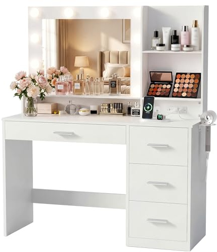 YESHOMY 39 Vanity Desk with Mirror, Power Outlet and 10 Lights, Makeup Table with 4 Drawers, 3 Color Modes Available for Bedroom, White