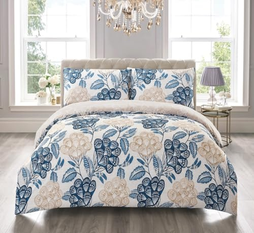 BSL 4 Piece Duvet Cover Bedding Set Quilt Cover with Matching Pillow Cases and Extra Fitted Sheet Included Hypoallergenic Soft Breathable Bed Cover Machine Washable (Bloom Blue, Double)