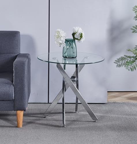 Hallowood Furniture Cullompton Small Round Side Table with 4 Chrome Legs | 60cm Glass Top Round Coffee Table, Modern Small Tables for Living Room, Bedroom, Hallway or Office, Crossed Chrome Leg Design