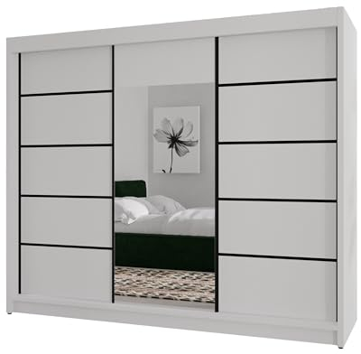 BEAUTY SOFA Monika - Schrank mit Spiegel - Kleiderschrank mit Schiebetüren - Schubladen im Inneren - Garderobenschrank, Mehrzweckschrank, Flurschrank, 200 cm breit - Schrank Weiß Schwarze Sprossen