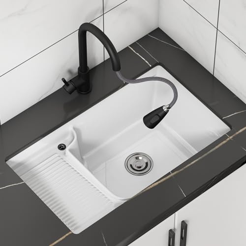 Lavabo de baño rectangular de cerámica blanca，Pila lavadero con tabla de lavar，fregadero multifuncional con grifo，Equipado con grifo extraíble y tabla de lavar, adecuado para cocina, mesa de trabajo,