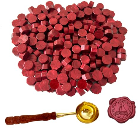 BJOYEE 200 Stück Siegelwachs Rot, Siegelwachs Perlen mit 1 Schmelzlöffel, achteckiges Wachssiegel-Set für Stempel, für Einladungen/Umschläge/Karten/Weinpakete/Geschenkverpackungen (Rot)