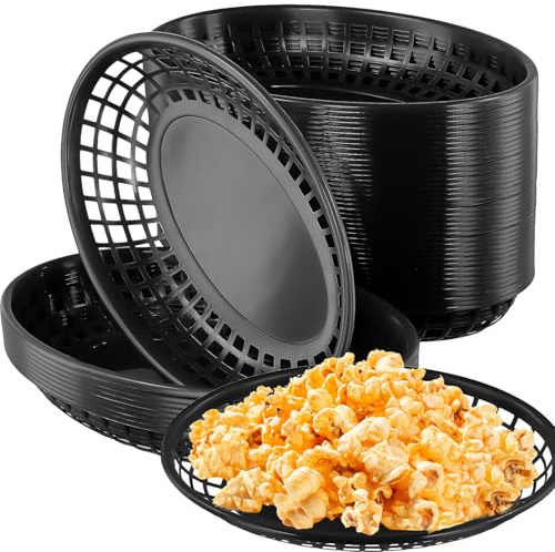 MAKTSAM 50 PCS 23x14.5x4 cm Black Plastic Food Baskets, Stackable Oval Fruit Basket Serving Baskets for Snacks Sandwiches, Fries, Barbecues, Picnics, Parties