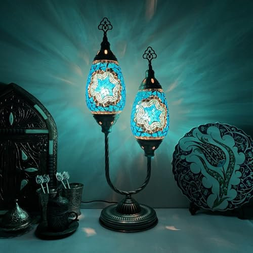 (5 Farben) Tischlampen mit 2 türkischen Mosaikköpfen Klassische marokkanische Tischlampen Handgefertigte dekorative Nachtlichter aus Glas für Schlafzimmer, Kinderzimmer, Restaurant, Bar, Café,B