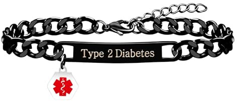 Uloveido Braccialetto Medico Personalizzato Inciso | Bracciali di Allarme Medico per Diabete Tipo 2 Placcati Neri | Bracciale a Catena Cubana Impermeabile Regolabile in Acciaio Inossidabile per Uomo
