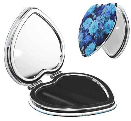Kompakter Spiegel, Reise-Make-up-Spiegel, tragbarer Taschenspiegel, schöne blaue Blumen, Make-up-Spiegel, PU-Leder, doppelseitige Vergrößerung, 1x/2-fache Vergrößerung, Reisespiegel für tägliche