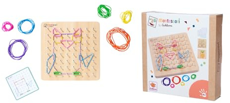 Eichhorn – Montessori – Geometriebrett mit 64 Nägeln und 30 farbigen Gummis, fantasievolles befestigen oder mit 48 Aufgabenkarten Motive nachbilden, 18x18cm, aus 100% FSC zertifiziertem Holz, ab 4 J+