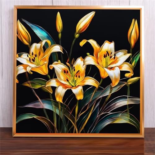 Suneve Malen Nach Zahlen Erwachsene Gelbe Lilien,DIY Paint by Numbers mit Pinseln und Acrylfarben Handgemalt Ölgemälde Leinwand für Home Decor Mit Rahmen - 40x40cm