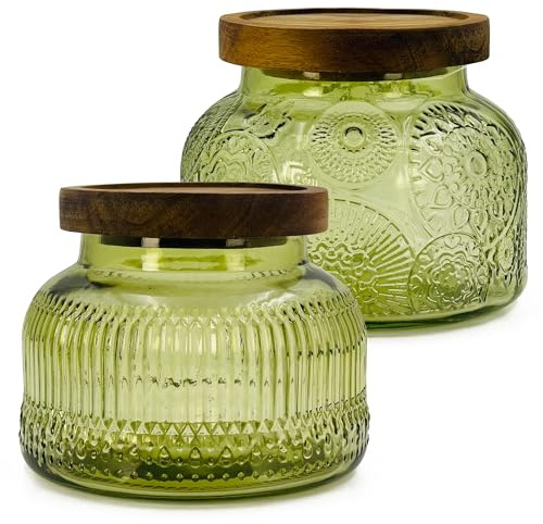 Barattolo decorativo in vetro verde con coperchio ermetico in legno, 750 ml, 2 pezzi, a bocca larga, vintage, contenitori per alimenti da cucina, per biscotti, caramelle, miele, farina, spezie, caffè