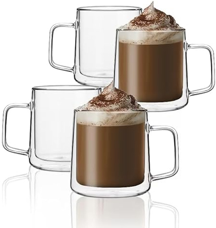 CNGLASS 450ML Glass Coffee Mugs, Double Wall Insulated Glass Mugs with Handle,Clear Espresso Mugs for Latte,Cappuccino,Tea Bag,Set of 4