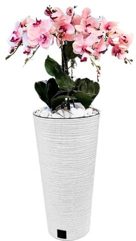 B4y Home dESING Seidenorchideen Kunstblumen 120x40cm groß, weiß-Melange Übertopf, Rosa Blüten wie Echt, 5 lebensgetreue Rispen Phalaenopsis, Dekosteine | Wohnkultur minimalistisch - Wohlfühlatmosphäre