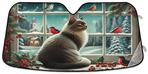 Pare-soleil pour pare-brise de voiture, motif chat de Noël, couverture de fenêtre avant pliable, pare-soleil réflecteur de voiture – 140 x 70 cm