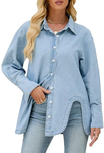 Kedera Denim Shirt Women Y2k Chambray Denim Top Button Down Jean Shirt
