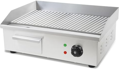 VERTES Plancha profesional de 3000 W en acero inoxidable superficie de grill ranurada de 55 x 35 cm, termostato, temperatura de 50 a 300 °C, protección contra salpicaduras y calor, bandeja recogegrasa