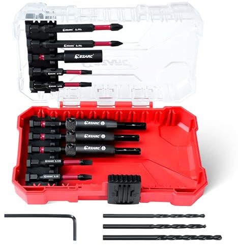 EZARC Zentrierbohrer Set Holz, 14 tlg Scharnierbohrer für Schrankscharniere | Selbstzentrierend #6, #8, #10, Federbelastete Führung, HSS-Ersatzbohrer, S2-Schraubbits, 1/4 Hex, mit Aufbewahrungsbox