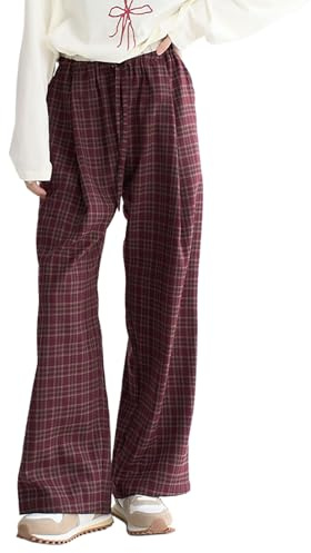 Skateboard Frog Pantalon à Carreaux Femme Y2K Baggy Large Motif Color-Block | Pantalon décontracté femme à carreaux bleu taille élastique à cordon vintage américain streetwear avec contraste de couleurs