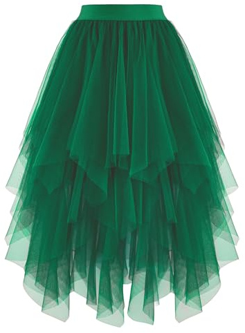 Dressever Women's Tulle Skirt A-Line High Elastic Waist Midi Skirt Irregular Layered Mesh Tutu Skirts Dark Green X-Large