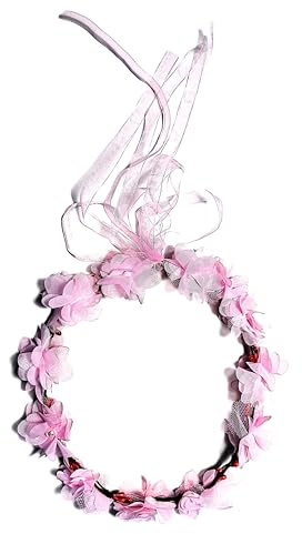 Eleganter weißer und rosa Blumen-Haarreifen für Mädchen & Damen – Blumenkranz mit Satinband – Haarkranz für Hochzeit, Taufe, Kommunion, Blumenmädchen, Festivals (Rosa, Durchmesser: 18 cm)