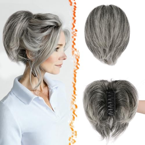 BARSDAR Claw Clip Short Human Hair Ponytail Extension with Bendable Metals - DIY Styles 8 Inch Real Human Hair Gray Messy Bun Hairpieces for Women - Thick Natural Short Ponytail Daily Wear
