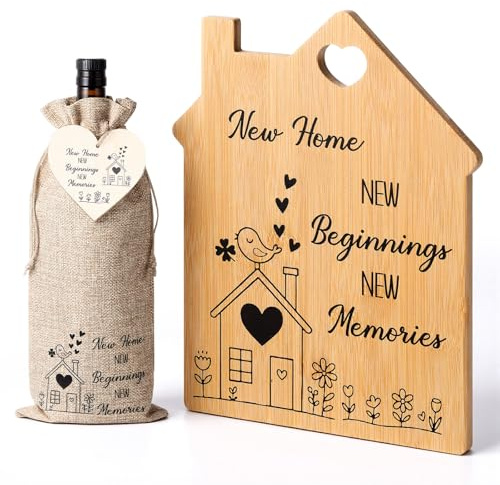 Sinmoe 2 Pcs New Home Gifts Set, Cutting Board Wine Bag Wooden Plaque | Housewarming Present for Couples Family Friends, Burlap Wine Bottle Bag with Heart Tag, Engraved Wooden House Decoration
