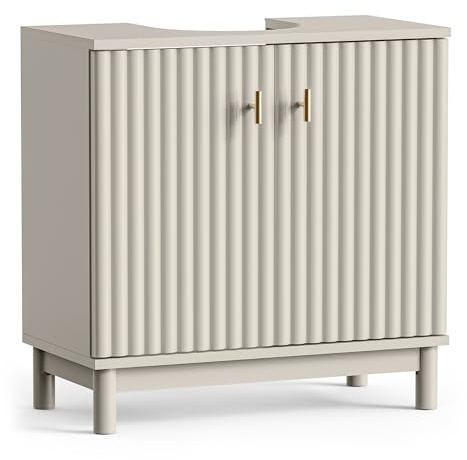 VonHaus Under Sink Bathroom Cabinet - Stone Under Sink Storage Unit with Fluted Textured Doors - Freestanding Bathroom Basin Cabinet with 2 Internal Shelves & Gold Handles - Victoria