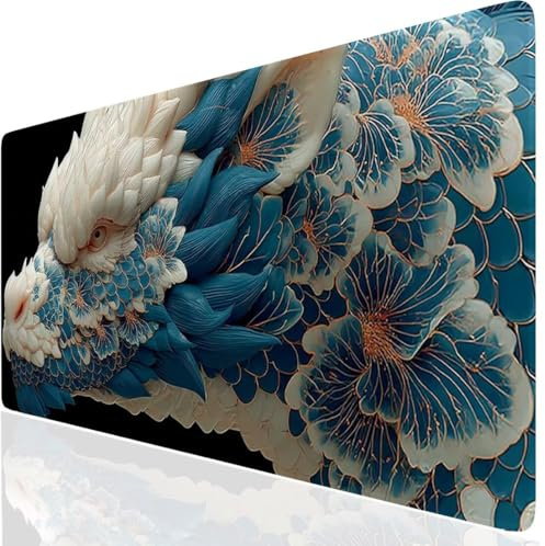 Drache Mauspad XXL, Blau Mousepad 900x400x3mm mit Genähten Kanten, Mauspad Großes Schreibtischauflage, Gaming Mousepad Wasserdicht und rutschfest, Desk Mat Vernähte Kanten für MacBook, Laptop DE-8428