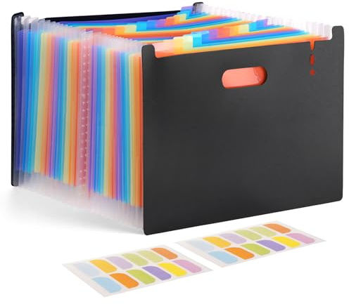 Dokumentenmappe A4 24 Fächer, Fächermappe A4, Sortiermappe Bunte Datei Ordner Organizer, Grosse Kapazität Akkordeon Aktenmappe Ordnungsmappe mit Bunten Labeln, für Schule, Zuhause und Büro