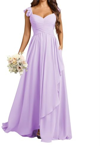 WSEYU Abito da damigella d'onore da donna, in chiffon, con spacco, con tasche, abito da cocktail taglie forti, colore nero, Lilla, 44