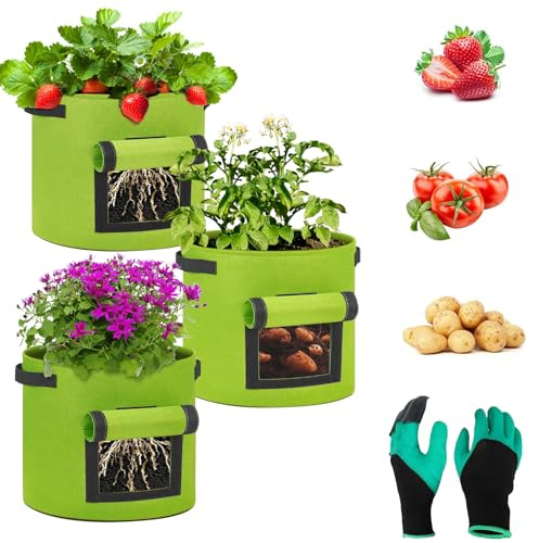 Aoligei Kartoffel Pflanzsack, 3 Stück 28L Pflanzsäcke mit Sichtfenster, Vliesstoff Pflanzsack mit Gartenhandschuhen, Pflanzbeutel für Kartoffeln, Erdbeeren, Karotten, Gemüse, Indoor Outdoor