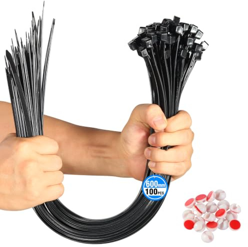 Minlna Colliers de serrage 600 mm x 9 mm, 100 pièces, Résistant aux UV | Résistance à la traction de 80 kg, Serre-câbles Plastique Noirs avec 20 Clips de Câble pour Jardinage, Bricolage, Atelier