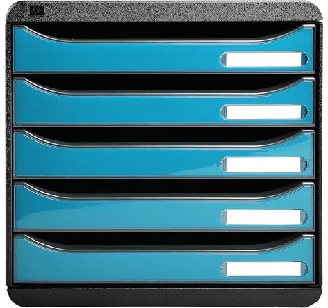 Exacompta 3097282D Premium Ablagebox mit 5 Schubladen für DIN A4+ Dokumente. Stapelbare Schubladenbox mit hoher Kapazität für mehr Platz auf dem Schreibtisch Big Box Iderama Schwarz|Türkis