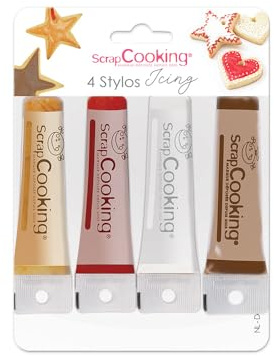 ScrapCooking - 4 Icing Stylos à Pâtisserie : Or, Choco, Blanc & Rouge - Crayons Alimentaires Comestibles Décoratifs Colorants pour Écrire et Dessiner sur Desserts, Gâteaux & Biscuits
