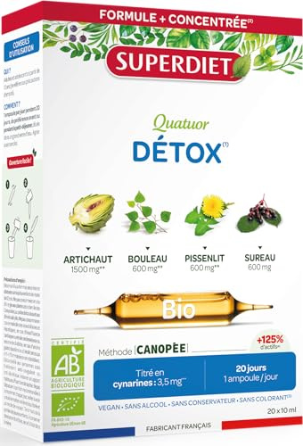 Détox, Drainage Bio - Artichaut, Pissenlit, Bouleau, Sureau - Ampoules | Cure 20 ampoules de 10ml - Action drainante - Foie, élimination rénale - Titré en cynarine -Fabrication française-Superdiet