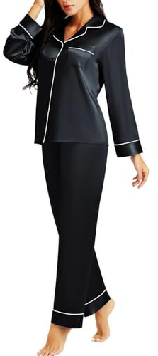 Lonxu Donna Raso di Seta Pigiama Set Biancheria da Notte Loungewear XS Nero