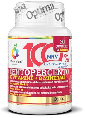 Colours of Life Centopercento - Integratore Multivitaminico e Multiminerale, con 13 Vitamine e 8 Minerali - per la Normale Funzione del Sistema Immunitario - Senza Glutine e Vegano, 30 Compresse