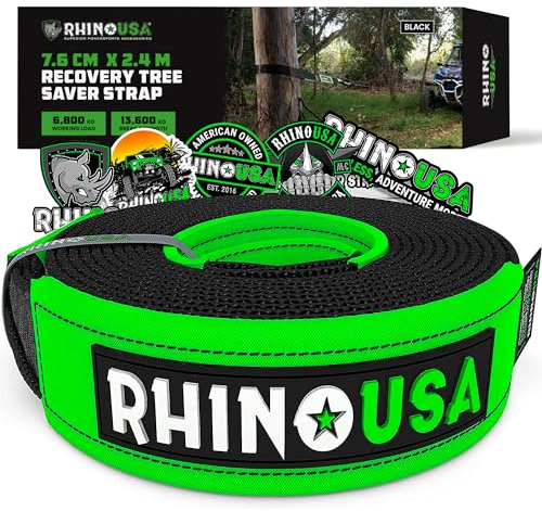 Rhino USA Tree Saver Tow Strap (7.6 cm x 2.4 m) - Lab Tested 13,600kg Break Strength - Heavy Duty Draw String Included - Triple Reinforced Loop Straps - Emergency Off Road Recovery Rope - Black