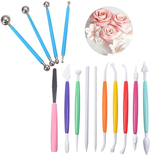 Kuchendekorationswerkzeug, 10-teiliges Fondant-Modellierwerkzeug und 4-teiliges Kugel-Stylus-Werkzeug-Set für Kuchen, Ton, Marzipan, Gummipaste, Töpferwaren