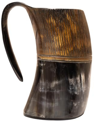 Handicrafts Home Real Horn Viking Drinking Horn Mug – Striped 6 Inches Beer Mug Tankard for Ale, Wine, Mead – Unique Norse Gifts for Medieval Fans – Handcrafted Ox Horn Beverage Vessel