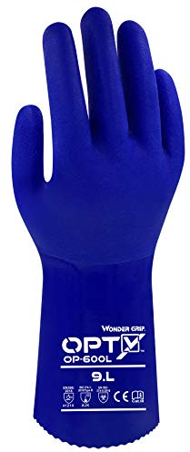 Wonder Grip OP-600L Opty - Chemiekalienschutzhandschuhe, Arbeitshandschuhe beständig gegen Öl und Chlorsäurebeständig, dreifache PVC Beschichtung, Anti-Rutsch Schutzhandschuhe, gr L / 9, Blau