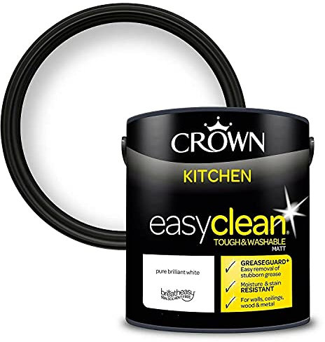 2.5L CROWN Easyclean Kitchen MATT Emulsion Multi Surface Paint With GREASEGUARD+ That can be Used on Walls, Ceilings, Wood and Metal. Stain & Scrub Resistant Formula – Pure Brilliant White