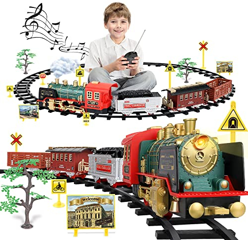 Mini Tudou Remote Control Steam Train Sets with Light,Sounds,Christmas Electric Train Toys with Steam Locomotive Engine,Cargo Cars and Tracks,Toy Train with Rechargeable Battery for Kids Boys Girls