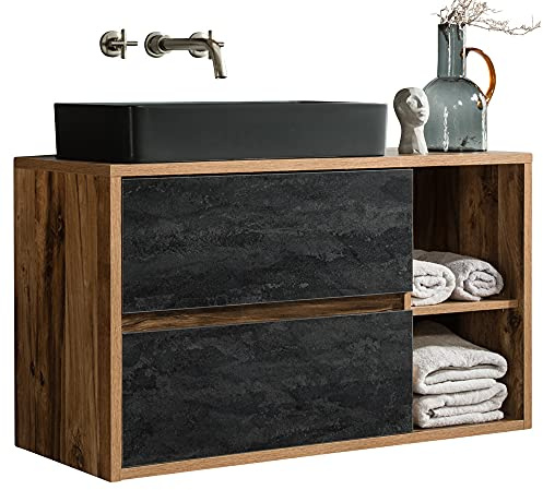 Lomadox Badmöbel-Komplett-Set Eiche mit Beton dunkel, 100 cm Waschtisch-Unterschrank, 61 cm Keramik-Waschbecken schwarz, 3-türiger Spiegelschrank, Hochschrank, B/H/T 160/200/46 cm