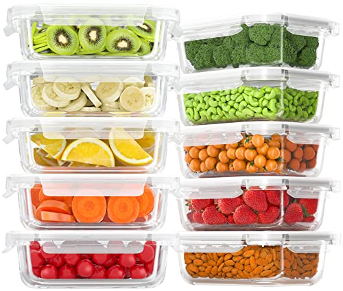 Bayco 10 Pack Glass Meal Prep Containers, Glass Food Storage Containers with Lids, Airtight Lunch Bento Boxes, BPA-Free & Leak Proof (10 lids & 10 Containers) - White