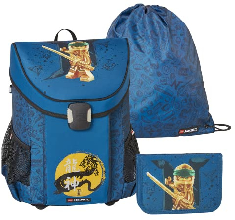SKANDO BAGS LEGO® - Jungen Easy Schulranzenset 3tlg. - NINJAGO, Gold/Blue - Mit Turnbeutel, Federmäppchen (inkl. Aller nötigen Schreibutensilien) - Leichtgewicht - 5-10 Jahre
