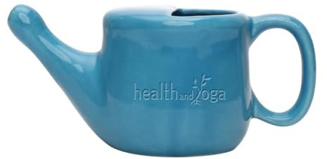 HealthAndYoga Flojar Ceramic Jala Neti Pot with Nostril Plugging Support Better Capacity Sinus Rinse Kit - Holds 8.50 oz or 250 ml SpillProof Nose Wash Netty Pot with Comfort Grip(Blue)