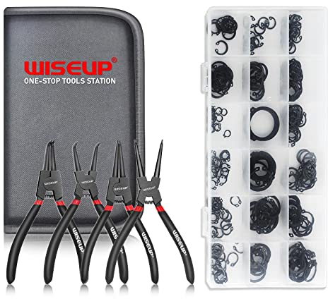 WISEUP Set Pinze per Anelli di Sicurezza, 225 anelli a scatto, 4 pinza ad anello a scatto con sacchetto di stoccaggio, acciaio al carbonio industriale, pinze ad anello a scatto antiruggine