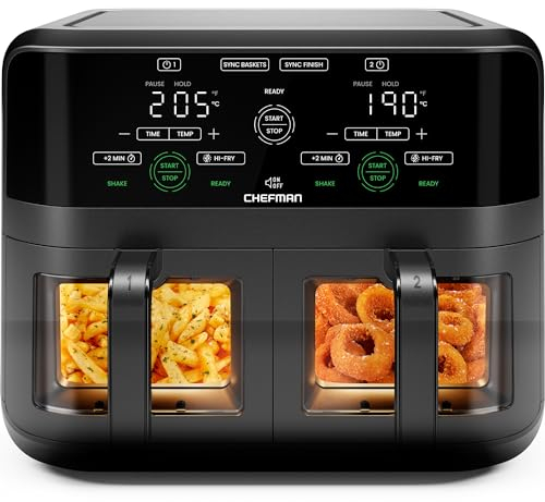 CHEFMAN 5.6L Dual Air Fryer Oven, Dishwasher Safe Frying Baskets, Double Air Fryer with Sync Finish, Hi-Fry, Auto Shutoff and Easy View Windows, Black