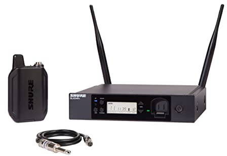 Sistema inalámbrico Shure GLXD14R+ para guitarra y bajo con batería de 12 horas y alcance de 30m. Incluye cable de instrumento y receptor de montaje en rack.