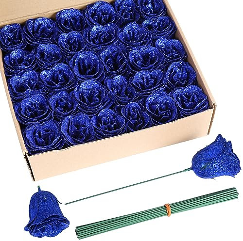 ICBOX Künstliche Rosen, 30 Stück, königsblaue Rosen, Seidenrosen, künstliche Rosen mit Stielen zum Basteln, Hochzeitsstrauß, Party, Heimdekoration (Königsblau)