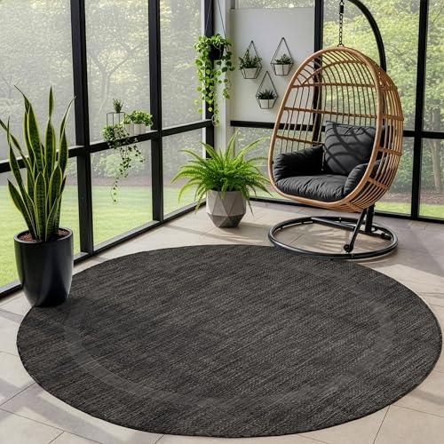 Outdoor Teppich Wetterfest Einfarbiges Design Terrasse Balkon Teppich Rund Küche Garten Sisal-Look Küchenteppich Läufer Flur, Größe: 120 cm Rund, Farbe: Schwarz